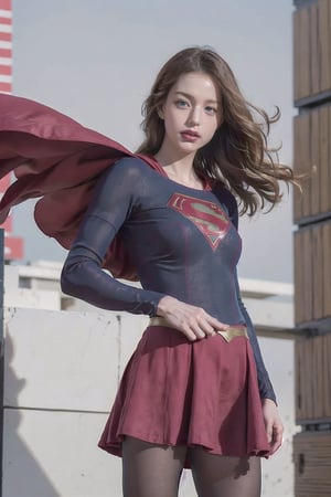 8k, best quality, real picture, intricate details, ultra-detailed, ultra highres, depth field,(photorealistic,realistic:1.2),masterpiece, supergirl, blue eyes, blonde hair, long hair, cape,(( red skirt)), pantyhose, superhero,  solo, sun, blue sky,best quality, realistic, photorealistic, (intricate details:1.2), (delicate detailed), (cinematic light), clear line, sharp focus, realistic face, detailed face,unity 8k wallpaper, ultra high res, (photorealistic:1.4), looking at viewer ,((tight suit)),angry face,((flying pose)),milokk