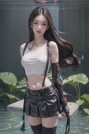 masterpiece, best quality, 7rtifa,arm guards, crop_top,fingerless gloves, suspenders, pleated miniskirt, black thighhighs, upper body, standing, looking at viewer ,defTifa,jwy1, (white_crop_top),curvy,arm_behind_back,((under-water,under-water_hair,air_bubble,red_eye )),Detailedface,((belly))