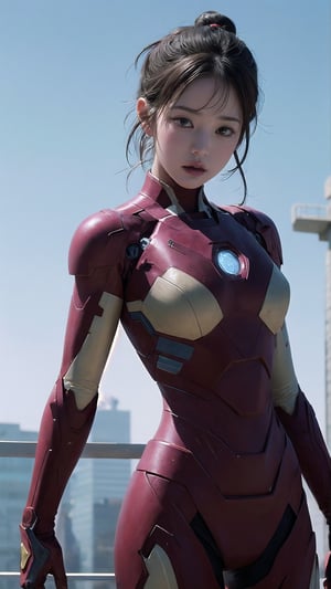 female_ironman_suit,gold_and_red_ironman_suit,bangs,braided_bun,beauty_mark,angry, flying,in_sky