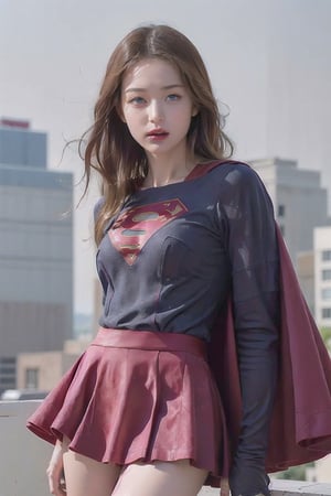 8k, best quality, real picture, intricate details, ultra-detailed, ultra highres, depth field,(photorealistic,realistic:1.2),masterpiece, supergirl, blue eyes, blonde hair, long hair, cape,(( red skirt)), pantyhose, superhero,  solo, sun, blue sky,best quality, realistic, photorealistic, (intricate details:1.2), (delicate detailed), (cinematic light), clear line, sharp focus, realistic face, detailed face,unity 8k wallpaper, ultra high res, (photorealistic:1.4), looking at viewer ,((tight suit)),angry face,((flying pose)),milokk