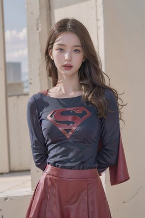 8k, best quality, real picture, intricate details, ultra-detailed, ultra highres, depth field,(photorealistic,realistic:1.2),masterpiece, supergirl, blue eyes, blonde hair, long hair, cape,(( red skirt)), pantyhose, superhero,  solo, sun, blue sky,best quality, realistic, photorealistic, (intricate details:1.2), (delicate detailed), (cinematic light), clear line, sharp focus, realistic face, detailed face,unity 8k wallpaper, ultra high res, (photorealistic:1.4), looking at viewer ,((tight suit)),angry face,((hands behind back))
