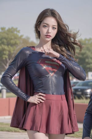 8k, best quality, real picture, intricate details, ultra-detailed, ultra highres, depth field,(photorealistic,realistic:1.2),masterpiece, supergirl, blue eyes, blonde hair, long hair, cape,(( red skirt)), pantyhose, superhero, hand on hips, solo, sun, blue sky,best quality, realistic, photorealistic, (intricate details:1.2), (delicate detailed), (cinematic light), clear line, sharp focus, realistic face, detailed face,unity 8k wallpaper, ultra high res, (photorealistic:1.4), looking at viewer ,((tight suit)),angry face,((Fighting pose)),((fist))