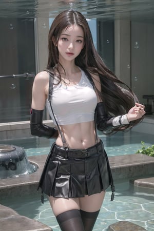 masterpiece, best quality, 7rtifa,arm guards, fingerless gloves, suspenders, pleated miniskirt, black thighhighs, upper body, standing, looking at viewer ,defTifa,jwy1, (white_crop_top),curvy,arm_behind_back,((under-water,under-water_hair,air_bubble,red_eye )),Detailedface,belly