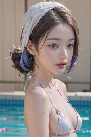 a 30 yo woman, pony_tail,  soothing tones, muted colors, high contrast, (natural skin texture, hyperrealism, sharp),a girl, solo, highly detailed beautiful face and eyes,(((Rainbow hair))), detailed skin texture, textured skin, realistic dull skin noise, visible skin detail, skin fuzz, glossy skin, petite, (white gradation hair),nsfw, (front focus:1.4), alluring move, (((micro bikini))),((((a lots of bangs))))
,jwy1,realhands,front light, cleavage,sad_face,((swimming pool)),viewed_from_side,large_breast