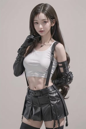 masterpiece, best quality, 7rtifa,arm guards, fingerless gloves, suspenders, pleated miniskirt, black thighhighs, upper body, standing, looking at viewer ,defTifa,jwy1, white crop top,curvy,arm_behind_back