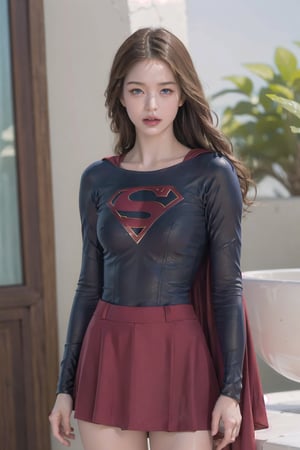 8k, best quality, real picture, intricate details, ultra-detailed, ultra highres, depth field,(photorealistic,realistic:1.2),masterpiece, supergirl, blue eyes, blonde hair, long hair, cape,((red skirt)), pantyhose, superhero,  solo, sun, blue sky,best quality, realistic, photorealistic, (intricate details:1.2), (delicate detailed), (cinematic light), clear line, sharp focus, realistic face, detailed face,unity 8k wallpaper, ultra high res, (photorealistic:1.4), looking at viewer ,((wet tight suit)),angry face,milokk