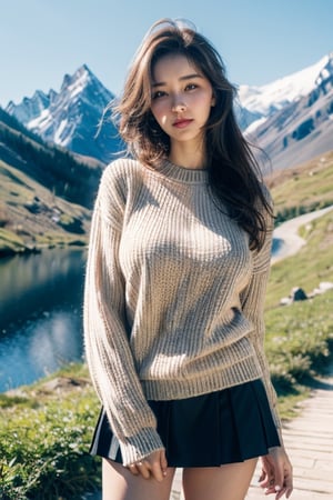 
look at me, 4K, reality, Real picture, pretty face, big_breasts, realistic, detailed, slender, out of breasts, yoona, shameful expression, Detailed-face, bad_arms, bad_legs, mountain_background, facing_viewer, neat sweater, short skirts,
