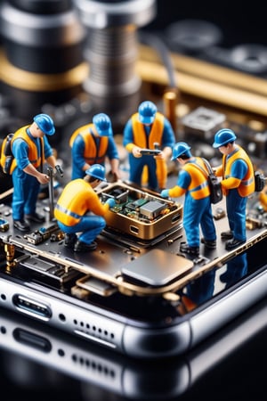 
A group of intricately detailed miniature individuals engaged in repairing the internal workings of an iPhone . The image is captured in stunning 8K resolution, showcasing the finest details. The tilt-shift effect adds a touch of whimsical realism to this captivating scene,