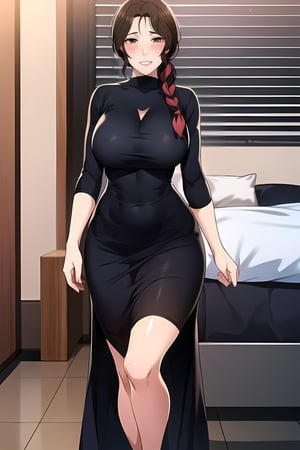  (lora:MikyungV2:0.6),  ((perfect anatomy)), beautiful woman, perfect hair,(masterpiece), woman with perfect big round breasts, 1girl, 1boy, ((sole female)), absurd res, 8K UHD, ultra res, extremely detailed, woman with single long pony tail,  woman with parted lips, blush, (solo female only), women with mouth open, smiling, standing, wearing a jet black dress,