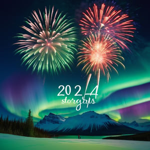 A fireworks with words in the clouds at night in the aurora borealis displaying "2024 STARTS NOW!", masterpiece, perfection, perfect anatomy,