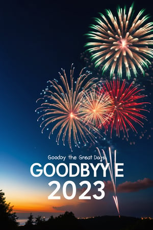 A fireworks with words in the clouds at night displaying " GOODBYE GREAT DAYS 2023!", masterpiece, perfection,