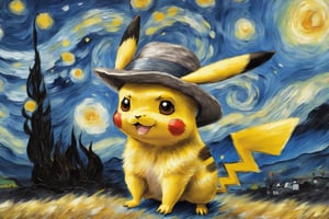 v0ng44g, p0rtr14t, soft blurry oil painting portriat of a close up shot of a (((Pikachu wearing a grey fedora hat by van Gogh))), starry night backdrop heavy brush strokes, by van Gogh