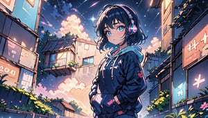 a girl with deep blue hair and blue eyes in a nighttime cityscape with a dreamy starry sky. She's wearing a dark blue hoodie, sporting headphones, evoking the relaxed and cozy atmosphere of the 'Lofi girl' vibe. Show the full body of the girl, standing, amidst city buildings and captivating night scenery. The sky should be adorned with twinkling stars, setting a serene and enchanting mood
BiophyllTech,LOFI, five fingers,Lofi,Girl,Style,better_hands,Airani,Lofi Them,Lofi Girl,blue eyes,shine eyes01,glitter