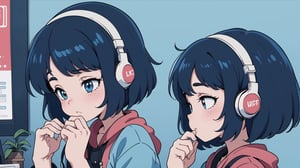 best quality,  extremely detailed, HD,  8k,  extremely intricate:1.3, nice hands, a girl, blue hair, headphone, cute, BiophyllTech,LOFI, five fingers,Lofi,Girl,Boy,Style,better_hands