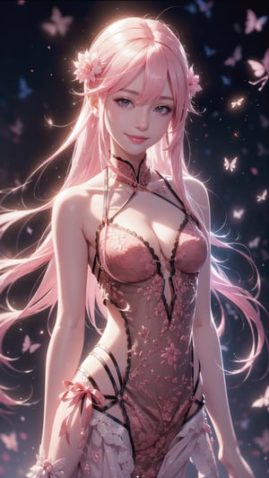 (masterpiece), best quality, high resolution, highly detailed,  perfect lighting, 1girl, pink hair, long hair, slender, chinese clothes,linghua link, small breasts, smile, blush,