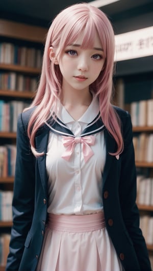 high detail,high quality,a girl,jk,kogal,bookstore,missionary,pink eyes,pink hair,
:),long hair, Moderate chest,full body,,aesthetic portrait