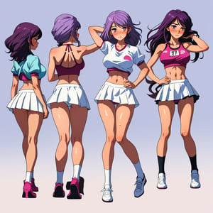 female, full body, front ang back view white high socks, white backless halter croptop, large breast, no bra, under boob, hand behind head, elbows up, white pleated microskirt, leg apart, white panty, camel toe, white high heels, bendover, blush, sexy, sweaty, abs, Gym background, purple hair