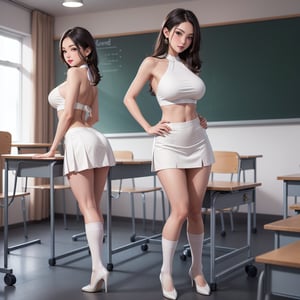 female, wearing white, high socks,backless halter croptop, busty, microskirt, high heels, classroom,