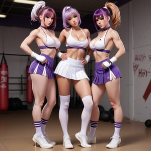 sole female, full body, white high socks, white backless halter croptop, large breast, no bra, breast expose, nipple, both hand behind head, white pleated microskirt, leg apart, white panty, camel toe, white high heels, sexy, sweaty, abs, boxing background, purple hair, beat up by two male boxer