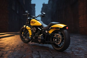 Harley davidson breakout , high_resolution, high detail, shiny yellow out colour realistic, realism, reflection, detailed and intricate wet road in front of a brick wall at night background,