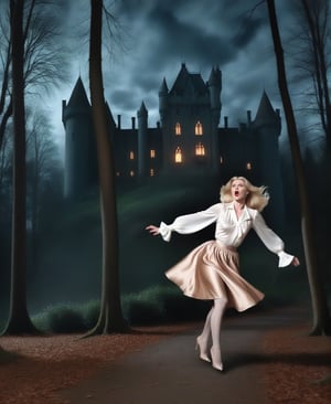 once upon a time, Dracula attack over a blonde england woman, she is wearing a puffy long sleeve satin blouse, she is wearing a silk neck scarf, she is wearing a knee_long silk skirt, she is wearing pantyhose and high heels, she is startled and tries to run away, realistic, detailed, horror movie style, night forest with creepy old castle, surreal, masterpiece, attacked by vamires