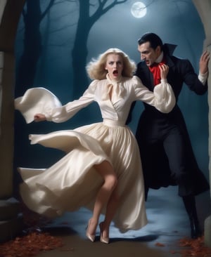 once upon a time, Dracula attack over a blonde england woman, she is dressed with an elegant torn long sleeve puffy satin blouse and a silk neck_scarf, dressed with a torn knee_long silk skirt, dressed with torn pantyhose and high heels, she is startled and tries to run away, her clothes are torn, realistic, detailed, horror movie style, night forest with creepy old castle, surreal, masterpiece