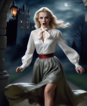 once upon a time, Dracula attack over a blonde england woman, she is dressed with an elegant torn long sleeve puffy satin blouse and a silk neck_scarf, dressed with a torn knee_long silk skirt, dressed with torn pantyhose and high heels, she is startled and tries to run away, her clothes are torn, realistic, detailed, horror movie style, night forest with creepy old castle, surreal, masterpiece, attacked by a group of vampires