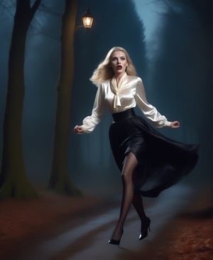 once upon a time, Dracula attack over a blonde england woman, she is dressed with an elegant long sleeve puffy satin blouse and a silk neck_scarf, dressed with a knee_long silk skirt, dressed with pantyhose and high heels, she is startled and tries to run away, realistic, detailed, horror movie style, night forest with creepy old castle, surreal, masterpiece