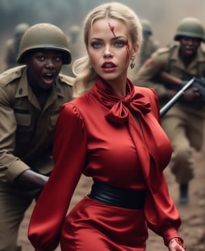 once upon a time, african soldiers attack over a blonde england lady, she is dressed with an elegant long sleeve puffy red satin blouse and a silk neck_scarf, dressed with a knee_long black silk skirt, dressed with silk pantyhose and black high heels, she is startled and tries to flee, realistic, detailed, horror movie style, night hot mud jungle with creepy african soldiers, surreal, masterpiece, she is looking in fear, she is attacked by creepy african soldiers, blonde hair in a bum, soldier grab the bow of her blouse, soldiers grab her to abuse her, her outfit is splattered with dirt, soldiers grab her breasts