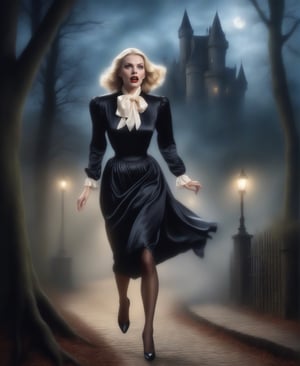 once upon a time, Dracula attack over a blonde england woman, she is dressed with an elegant long sleeve puffy satin blouse and a silk neck_scarf, dressed with a knee_long silk skirt, dressed with pantyhose and high heels, she is startled and tries to run away, her clothes are torn, realistic, detailed, horror movie style, night forest with creepy old castle, surreal, masterpiece