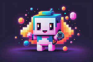 "Generate a mascot for tenten that embodies the essence of the Digital Muse as a Quantum Ghost. Imagine the Digital Muse, typically composed of pixelated elements, taking on an ethereal form as a Quantum Ghost. This ghostly character would be made of shimmering neon-colored light, while still maintaining its pixelated essence. The design should reflect the mischievous and playful expression of the Digital Muse and use a digital color palette inspired by Lexar Studio. The mascot should convey a sense of whimsy and vibrancy to express the Tensor creative community. Additionally, this mascot should be able to bring good luck and happiness to the world, inspire many, and become a standout icon within the digital art world, symbolizing both creative inspiration and the otherworldly capabilities of tensor.art's image creation.",pixel style