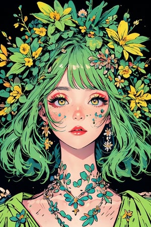green theme, snowflakes, looking at viewer, portrait, colorful hair, jewelry, close up, ultra high res, deep shadow,(best quality, masterpiece), dimly lit, shade,highly detailed, bold makeup, flower, simple background, depth of field, film grain, fashion_girl, accessories,High detailed ,cartoon,midjourney