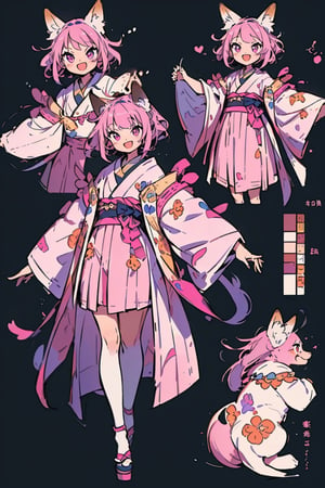 One boy(adult male), blank background, character design, full_body, modelsheet, (CharacterSheet:1), fox ears, japanese clothe(pink chlotes (chlotes :1.2), short hair, pink hair, red crazy eyes, :d, masterpieces (masterpiece :1.1), best quality, extremely detailed 8K wallpaper, first-person view, design(masterpiece, top quality, best quality, official art, beautiful and aesthetic:1.2), full_body, modelsheet, (CharacterSheet:1), anime, design(masterpiece, top quality, best quality, official art, beautiful and aesthetic:1.2), (1girl), extreme detailed, (fractal art:1.3), highest detailed,cartoon,anime