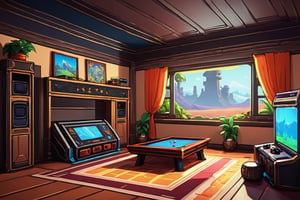 video game style room, gameart style, high saturation, high detail, high details