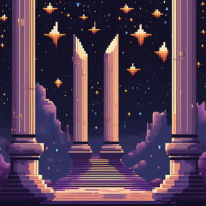 outer_space, falling stars, pillars, shield,pixel style