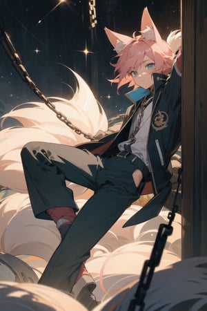 One boy(adult male), fox ears, japanese clothe, short hair, pink hair, blue crazy eyes, masterpieces (masterpiece :1.1), best quality, high quality, baseball jacket( black chlotes (chlotes :1.2), chains), stardust background (prison, little light from top, chains on the wall, (dangerous) high sun), cartoon, 