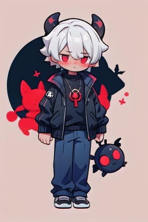 1boy, full body, beautiful, gray hair, devil ears, short hair, slight blush, shy, black sweater, chromatic aberration, high contrast, limited palette , ligne claire, background (Black), light skin color, pale skin,, hair down,wear black jacket,midjourney,red eye,cartoon,anime