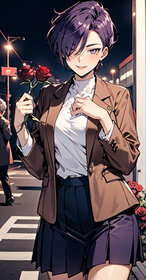((rose,rose_decoration)),1girl,solo,mature_female,medium_breasts,big_hips,full-thighs,narrow_waist,smile,haruka,short hair,purple_hair,bangs cover one eye,(brown_blazer:1.3),opend blazer,pleated_miniskirt,(darkblue_skirt:1.2),
white_shirt,black_stockings,(purple hair with Red Highlights),
standing,((holding a rose in hand,A rose on the chest)),one-hand_on_hip,a bag on shoulder,

At the school gate,mature female,night,night street,
Exquisitely designed school uniforms,Tomboy