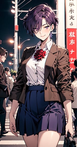 ((rose,rose_decoration)),female_solo,mature_female,medium_breasts,big_hips,full-thighs,narrow_waist,smile,haruka,short hair,purple_hair,bangs cover one eye,(brown_blazer:1.3),opend blazer,pleated_miniskirt,(darkblue_skirt:1.2),
white_shirt,black_stockings,(purple hair with Red Highlights),
standing,one-hand_on_hip,a bag on shoulder,

At the school gate,mature female,night,night street,
Exquisitely designed school uniforms,Tomboy