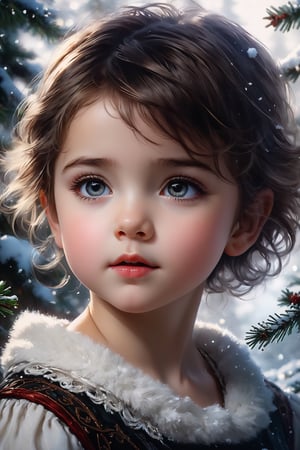 bust_portrait, 8k, hdr, rgb, portrait,  adorable baby , cute, happy amidst Christmas winter tree branches, fairy tale, untamed short hair, magical atmosphere, milky, detailed pen and alcohol ink, ominous color palettes, masterful shadows, double exposure, trending on artstation, sharp focus, studio photo, intricate details, highly detailed, by greg rutkowski, Anna Razumovskaya, Gabriele Dell'otto, Casey Baugh, Antonio Mora, Aminolla Rezai, Giovanni Boldini, ultra hd, realistic, vivid colors, highly detailed, UHD drawing, pen and ink, perfect composition, beautiful detailed intricate insanely detailed octane render trending on artstation, 8k artistic photography, photorealistic concept art, soft natural volumetric cinematic perfect light,oil paint ,Leonardo Style, photo r3al