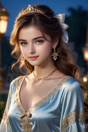 1 Classic Roman Princess, very bright backlighting, solo, {beautiful and detailed eyes}, (summer night), calm expression, natural and soft light, hair blown by the breeze, delicate facial features, elegant beautiful girl, eye smile, very small earrings, bow decor choker, Summer Night Sexy Silk Pajamas, 17 yo, ((model pose)), Glamor body type, Royal ball as background, palace garden,film grain, ultra hd, realistic, vivid colors, highly detailed, UHD drawing, pen and ink, perfect composition, beautiful detailed intricate insanely detailed octane render trending on artstation, 8k artistic photography, photorealistic concept art,photo r3al