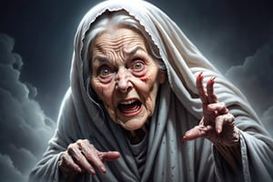 a ghost as a short, hunched old woman with an expression of monstrous malice written on her ugly face, on which, it seemed, all the basest passions had left their traces. laughs, stretching forward his withered, wrinkled hands, like the claws of some disgusting bird. - an evil old woman. wide angle