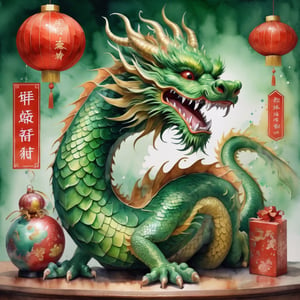 volumetric watercolor, green Chinese dragon decorated with New Year's toys, Happy New Year, very big english inscription in big letters, close up  realistic,  4k,  high resolution,  high detail,  ,  bright lighting
