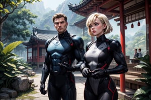 advertising poster for the fantastic action movie - "Planet of the Stranglers", a very muscular brother and sister, with weapons in their hands, black tight suits, blond hair, in the background the jungle and the architecture of East Asia, retro sci-fi style, 80s, adventures, , realistic, 4k, high resolution, bright lighting,