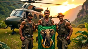 Three rugged adventurers pose heroically in front of a vintage helicopter, one grasping a vibrant green banner emblazoned with a majestic elephant emblem. The lush prehistoric landscape unfurls behind them, a verdant valley teeming with ancient flora and fauna, bathed in the warm glow of an setting sun.