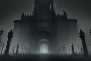 volumetric watercolor, giant city gates, gloomy, decorated with skulls, horror atmosphere, grotesque, general plan, realistic, 4k, high resolution, high detail, , dim lighting