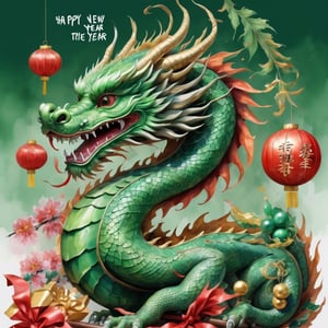 volumetric watercolor, green Chinese dragon decorated with New Year's toys, Happy New Year, very big inscription in big letters, close up  realistic,  4k,  high resolution,  high detail,  ,  bright lighting
