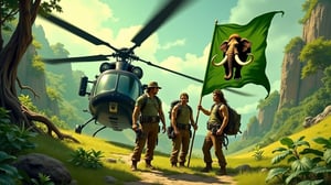 Movie Poster: Three adventurers, clad in earthy tones, gather around a sleek black helicopter, its rotors spinning lazily. One figure stands out, grasping a vibrant green banner emblazoned with the majestic image of a mastodon. The sun casts a warm glow on the trio, while the lush prehistoric valley unfurls behind them, teeming with ancient flora and fauna. A symphony of greens - from the verdant landscape to the banner's bold hue - dominates this painterly scene.