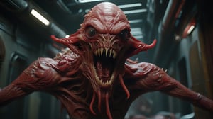 cinematic action, ultra realistic unreal engine 5 render, grotesque mutated freak, disgusting male alien creature, bright red fleshy leathery skin, terrifying evil face, needle teeth,cylindrical body, too many limbs, ultra detailed eyes, gaping maw, intricate details, dark abandoned spacecraft corridor, rubble, pipes, moody cinematic lighting,, 