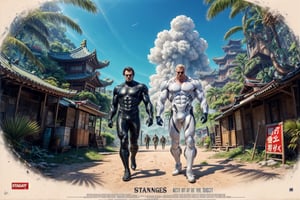 advertising poster for the fantastic action movie - "Planet of the Stranglers", a very muscular man and woman, with weapon in their hands, black tight suits, blond hair, in the background the jungle and the architecture of East Asia, retro sci-fi style, 80s, adventures, , realistic, 4k, high resolution, bright lighting,Retro art,retro artstyle